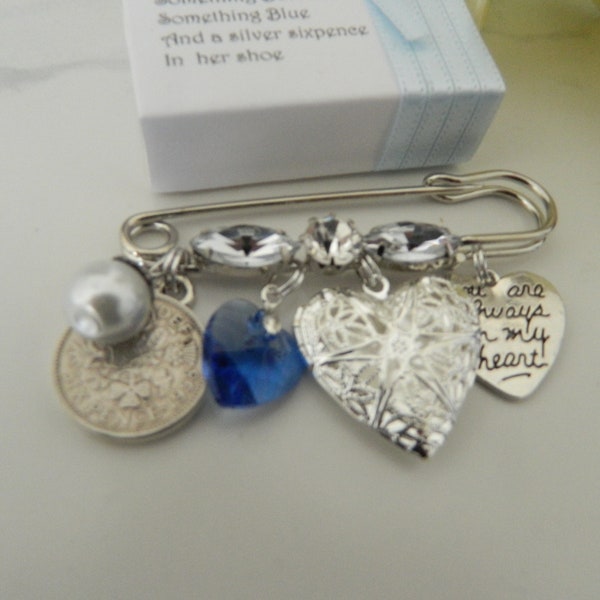 Bride's Wedding day keepsake pin -something Blue-Photo charm-Heart photo locket