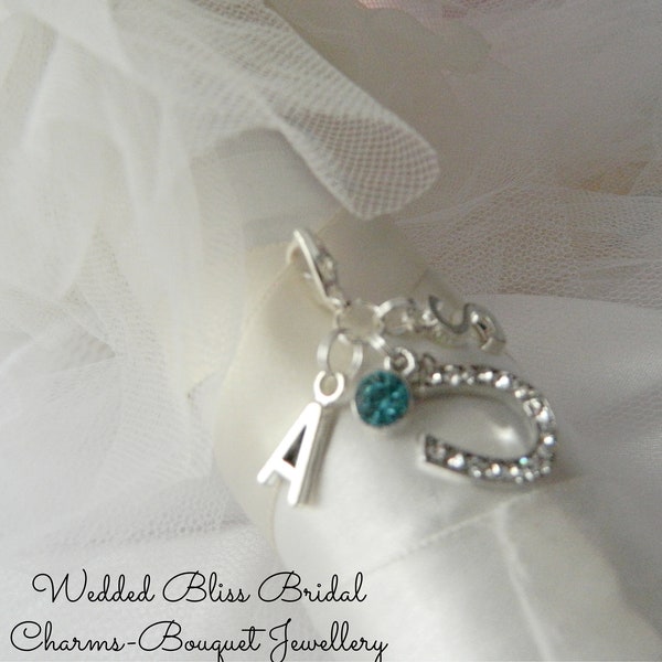 Lucky Horseshoe Wedding Charm Bouquet charm  , Something Blue ....Bride, Bridal, Bouquet charm ,Initial charm Keepsake Gift..keepsake boxed