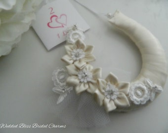 Wedding Bridal Horseshoe charm -Champagne  satin Keepsake  -Bride's Gift-  Horseshoe Bridal Charm