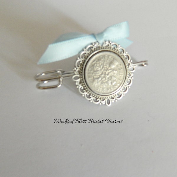 Wedding bouquet lucky six-pence brooch  - something blue- keepsake boxed-Original six-pence-Brides Gift - sixpence tradition