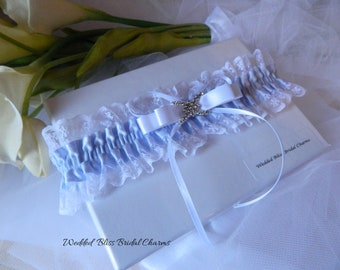 Bride's wedding Garter -Double satin Bow -Blue Garter-  diamante Buckle embellishment  - Blue and White lace