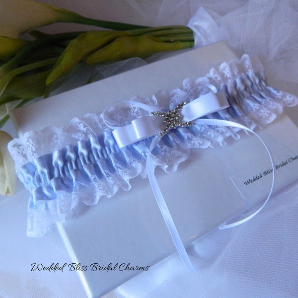 Bride's wedding Garter -Double satin Bow -Blue Garter-  diamante Buckle embellishment  - Blue and White lace