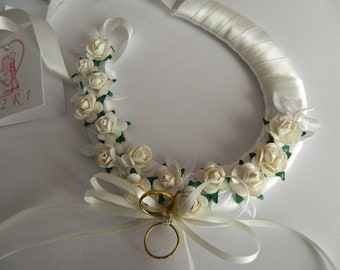 Large Wedding Bridal Horseshoe charm Keepsake  -  Ivory satin bound   larger style  Horseshoe - Roses Leaves butterflies and rings