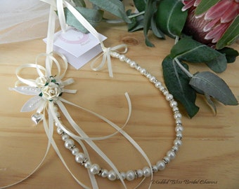 Wedding Bridal charm- Open Beaded Pearls - Horseshoe  Ivory- Roses & Beaded Leaves- Keepsake Boxed