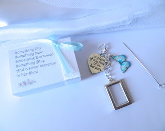 Bridal Wedding Bouquet Charm DIY  -Photo Charm- Double sided  with Butterfly and Heart charm - Keepsake Boxed- Photo memory charm