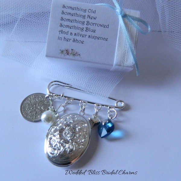 Bridal Bouquet Photo memorial locket charm - "something Blue" -Bridal Pin - keepsake bridal pin - Bridal Gift -Keepsake Boxed