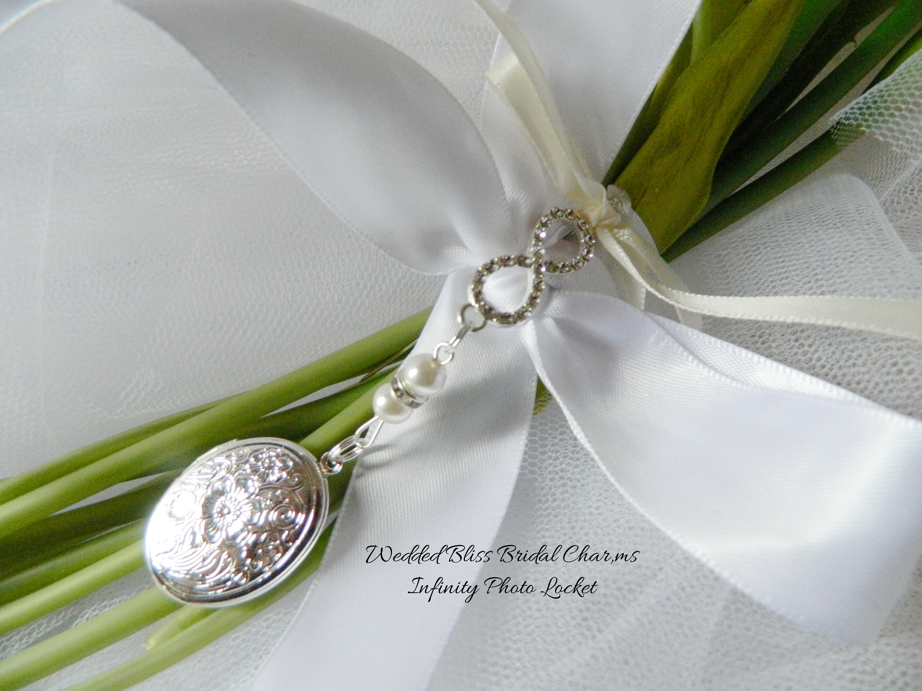 Ciondolo per bouquet da sposa fai da te, ciondolo per foto, medaglione ovale con perle d'avorio, ciondolo infinito, in scatola per ricordi