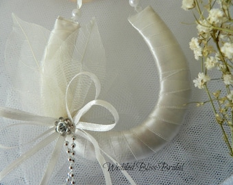 Wedding Horseshoe Bridal Keepsake - Ivory Satin -Ghost leaves & Diamante &quot;something Blue&quot; Rose