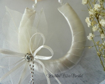 Wedding Horseshoe Bridal Keepsake - Ivory Satin -Ghost leaves & Diamante "something Blue" Rose