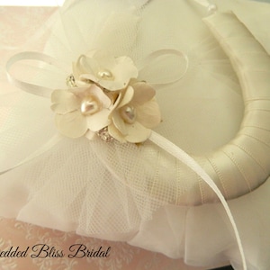 Wedding Bridal Horseshoe charm Keepsake  -Ivory satin  Horseshoe - Petals Flower and Pearl Look hearts -Brides Gift - Bridal Charm