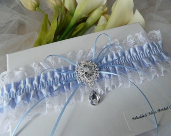 Bride's wedding Garter - satin Bows -Blue Garter-  diamante Buckle embellishment  - Blue and White lace