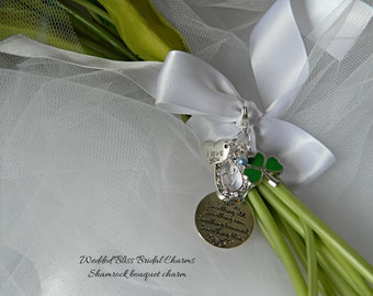 Bridal Wedding  Shamrock Bouquet Charm  -Shamrock charm -something Blue - Keepsake Boxed - Irish Bridal Charm