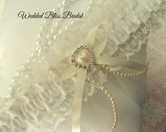 Wedding garter -Ivory Satin and lace - Diamante Heart Embellishment