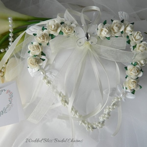 Wedding bridal charm Ivory Pearl Keepsake Heart - Ivory Roses & Butterflies-Something Blue -Wedding horseshoe Alternative - Keepsake Boxed