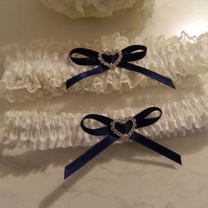 Wedding garter Set- Ivory - Diamante heart  and Navy Blue Bows