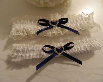 Wedding garter Set- Ivory - Diamante heart  and Navy Blue Bows