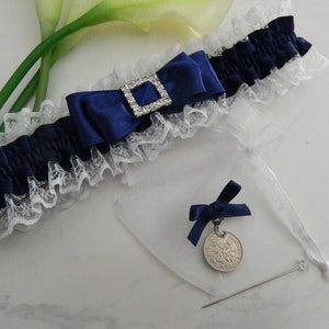 Navy Blue Wedding Garter satin and lace - Bridal set includes Wedding Garter and Original handpolished Sixpence coin   - Diamante buckle