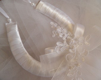 Wedding horseshoe Bridal charm - White satin with Beaded Lace motifs - Australian Made -  GIft with Purchase something Blue charm