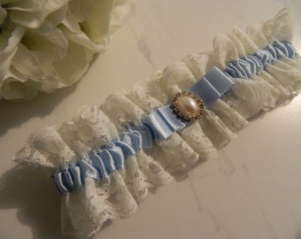 Bridal Garter -Blue ribbon with Ivory lace edge -  garter -Ivory pearl  embellishment