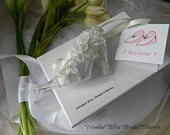 Wedding Horseshoe Bridal charm Keepsake - Ivory slipper shoe -Horseshoe alternative - Ivory lace and Bow embellishment- Keepsake Boxed