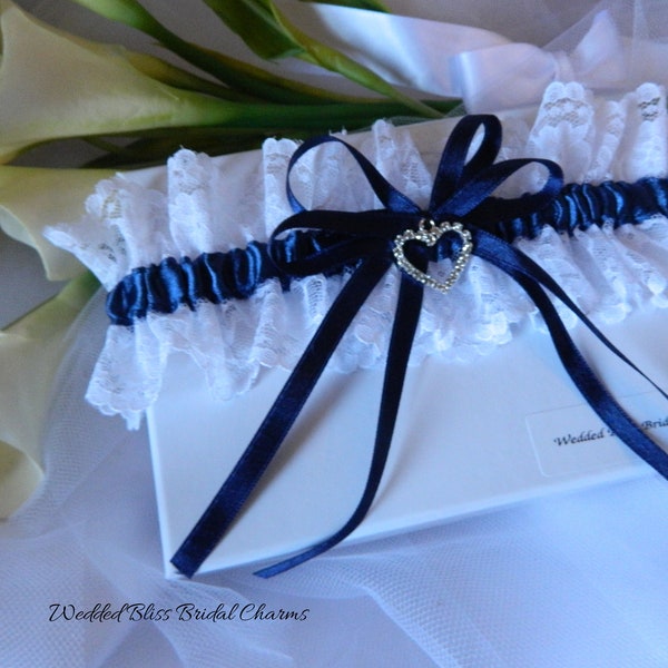 Bridal garter - Navy Blue satin  and White  lace- Brides Gift - Lingerie - Something Blue - Diamante Heart Charm- Throw Garter - Brides Gift