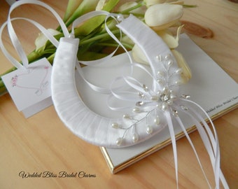 Wedding Horseshoe for the Bride,Bridal Horseshoe,White  Satin and Ivory Pearl Embellishment-Good Luck Charm,Bridal Gift-KeepsakeBoxed