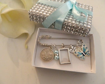 Bride's Wedding day keepsake pin -something Blue-Photo memory charm -Butterfly- Original sixpence - Gift with  purchase