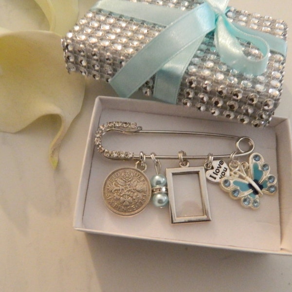 Bride's Wedding day keepsake pin -something Blue-Photo memory charm -Butterfly- Original sixpence - Gift with  purchase