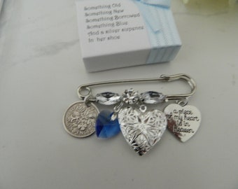 Bride's Wedding day keepsake pin -something Blue-Photo charm-Heart photo locket
