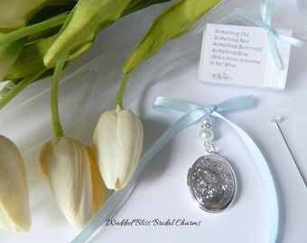 Ciondolo fai da te per bouquet da sposa - Ciondolo con foto - Medaglione ovale con perle bianche - Chiusura - Scatola ricordo - Ciondolo con foto ricordo