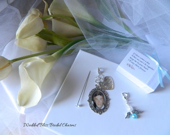 Bouquet fotografico tributo commemorativo - ciondolo da sposa ricordo - scatola ricordo - include in REGALO QUALCOSA DI BLU ciondolo angelo custode