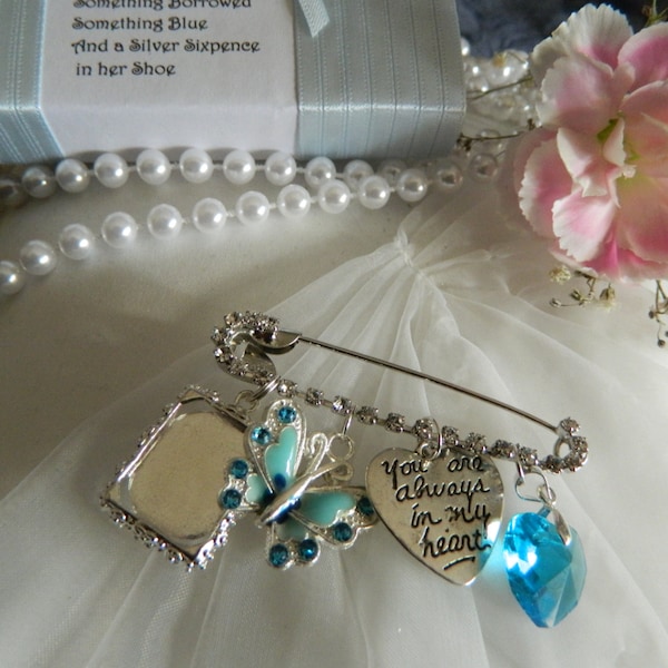 Bride's Wedding day keepsake pin -something Blue-Photo charm - Butterfly