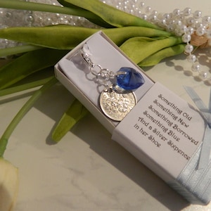 Bride's Lucky Six-pence Wedding Keepsake Bridal bouquet something blue charm with Crystal Look Pin image 2