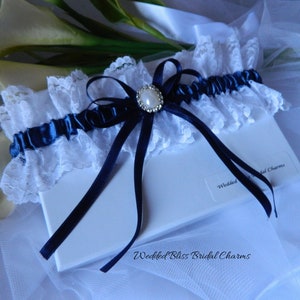 Bridal garter - Navy Blue satin  and White  lace- Brides Gift - Lingerie - Something Blue - Oval  Pearl  Charm- Throw Garter - Brides Gift