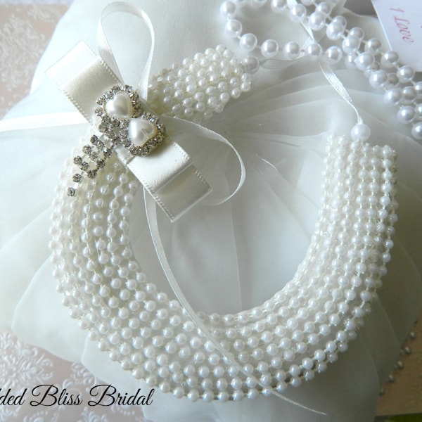 Wedding Horseshoe Keepsake - Look of Ivory Pearls -Double Heart Diamante