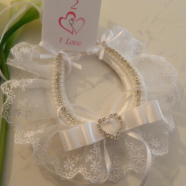 Wedding Good Luck Horseshoe Keepsake charm - Diamante Bridal Bling with White  Lace & White  satin