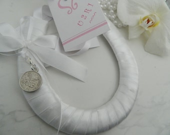 Large Wedding Bridal Horseshoe charm Keepsake  - White satin bound   larger style  Horseshoe - Detachable Sixpence coin