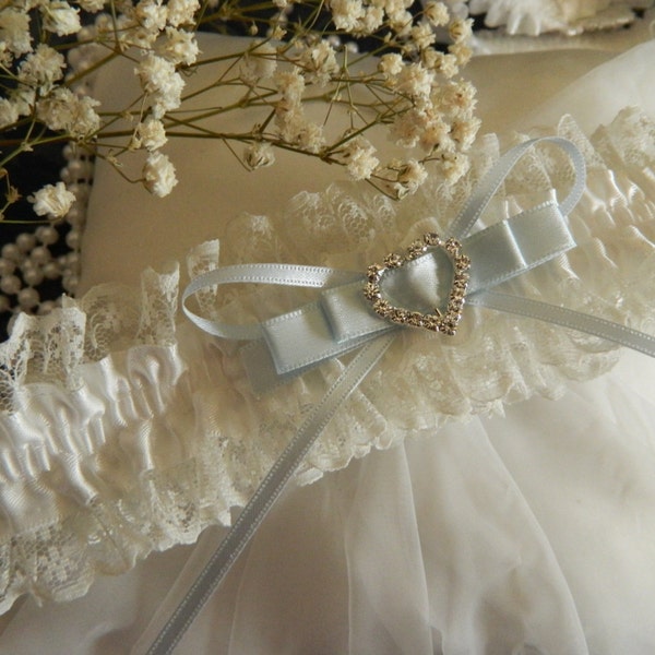 Bride's wedding Garter -Double satin Bow -Ivory Garter- Heart diamante - Available Ivory- Blue- White