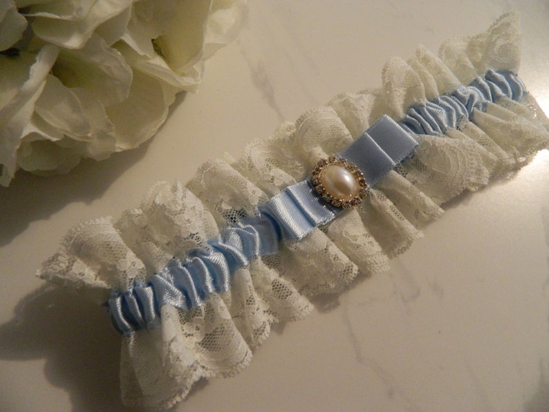 Ivory pearl embellishment garter Bridal Garter Blue ribbon with Ivory lace edge