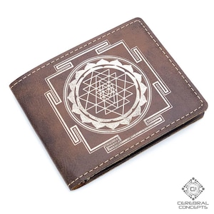 Cartera Sri Yantra - Cuero vegano suave y duradero - Diseño geométrico grabado con láser - Regalo de Navidad - Cerebral Concepts - Regalo para novio