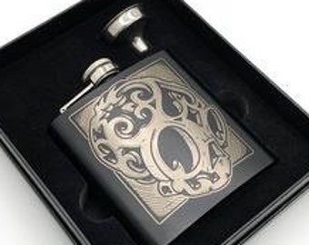 Ornamental Skull - Black Stainless Steel Flask - Gift For Him - Gift For Wedding - Groomsmen Gift - Sacred Geometry - Cerebral Concepts
