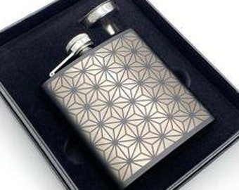 Asanoha - Black Stainless Steel Flask - Gift For Him - Gift For Wedding - Groomsmen Gift - Sacred Geometry - Cerebral Concepts - Engraved