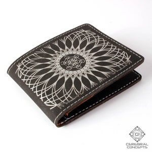 Cartera de Geometría Sagrada - Cuero vegano suave y duradero - Grabado láser con la "Red de Metatrón" - Diseño geométrico - Regalo para tu novio