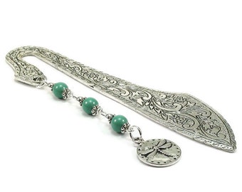 SALE Metal Bookmark Dragonfly Charm Green Beaded Book Mark