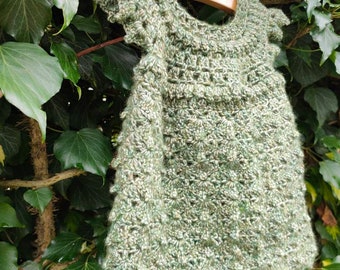 Baby fairy dress, wool/silk blend, in mossy green & cream. Size 62