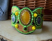 Green Yellow Bead Embroidered Bracelet Agate Amethyst Beaded Bracelet Beadwork Bracelet Bead Embroidery Jewelry Seed Bead Bracelet Taitallas