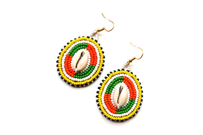 Maasai Inspired Earrings Tribal Jewelry Large Ethnic Earrings Multi Color Seed Bead Earrings Dangling Cowrie Earrings Seashell Earrings
