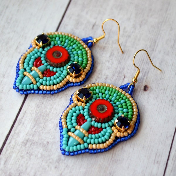 Egyptian bead embroidered earrings, Desert jewelry, Rhinestones Revival Egyptian jewelry, Pharaoh, Ancient Egyptian