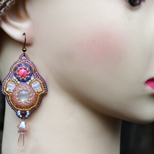 Pink Earrings, Bead Embroidered Earrings, Pink Purple Earrings, Romantic Bridal Seed Bead Earrings, Beadwork Jewelry
