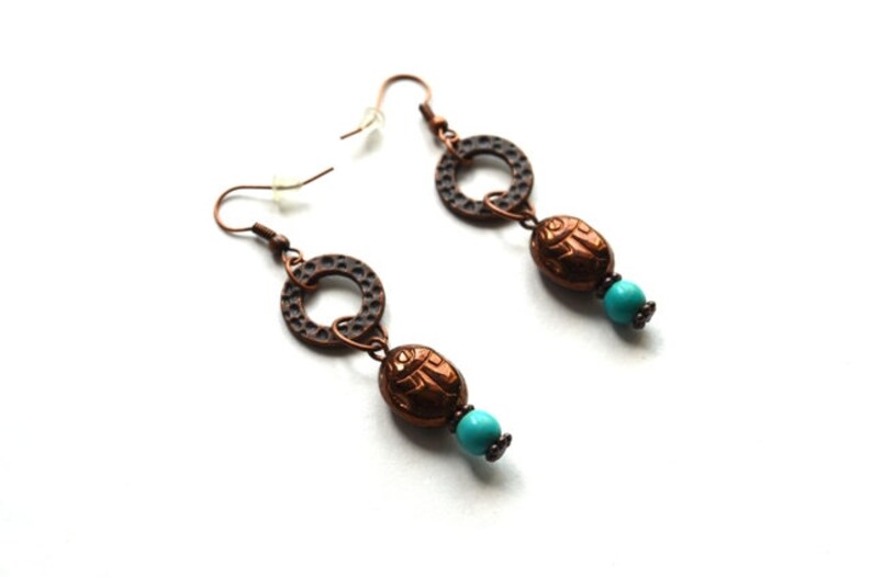 Egyptian Inspired copper earrings Scarab Earrings Beadwork Earrings Turquoise copper earrings Cute gift for friend Tribal earrings Taitallas